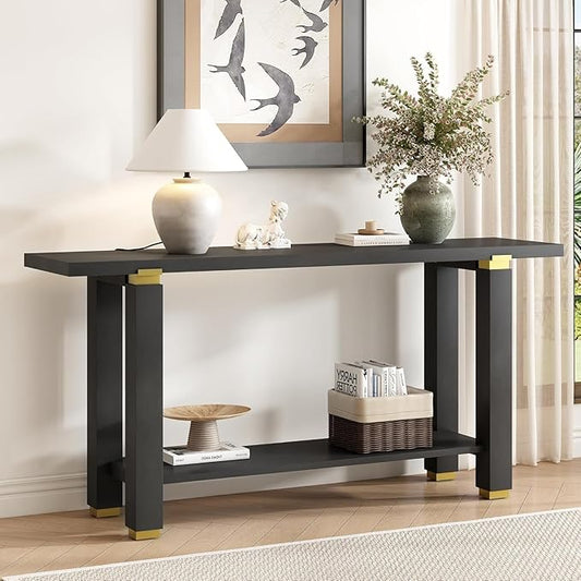 63" Modern Minimalist Console Table with Storage Shelf, Solid Wood Industrial Entryway Sofa Table with Metal Accents for Living Room, Hallway (Black)