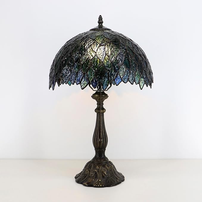 Tiffany Lamps Brownish Green Leaves Style Stained Glass Table Lamp Desk Bedside Reading Light 12X12X18.5 Inches with Bronze Resin Base Applicable to Bedroom Living Room Office