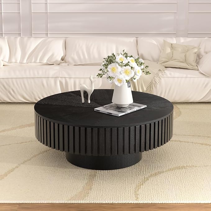 Round Drum Coffee Table with Storage, 31.5" Modern Handcraft Fluted Drum Coffee Table, Wooden Circle Center Table with Sturdy Pedestal for Living Room Apartment (31.5" Black with Storage)