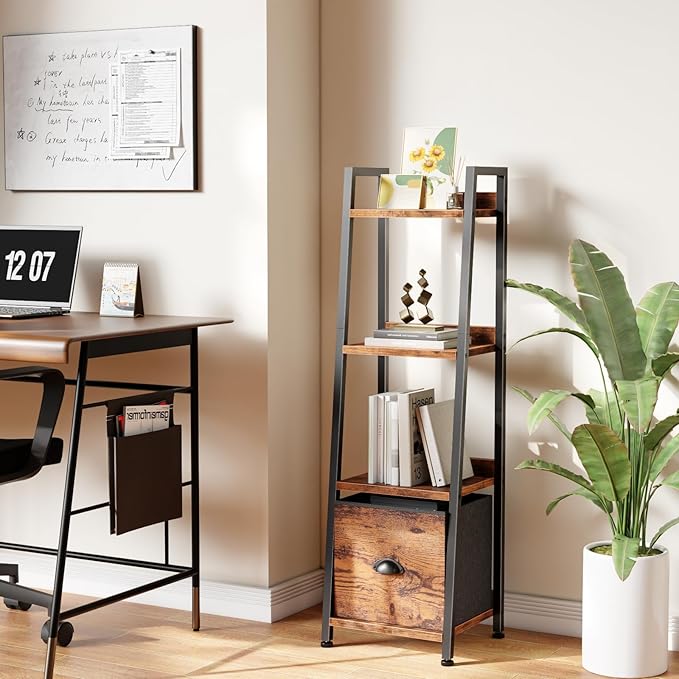 Furologee 4 Tier Narrow Ladder Shelf, Ladder Bookshelf with Drawer, Industrial Shelves Storage Rack Organizer,Skinny Display Shelving Units for Living Room, Home Office, Bedroom,Rustic Brown