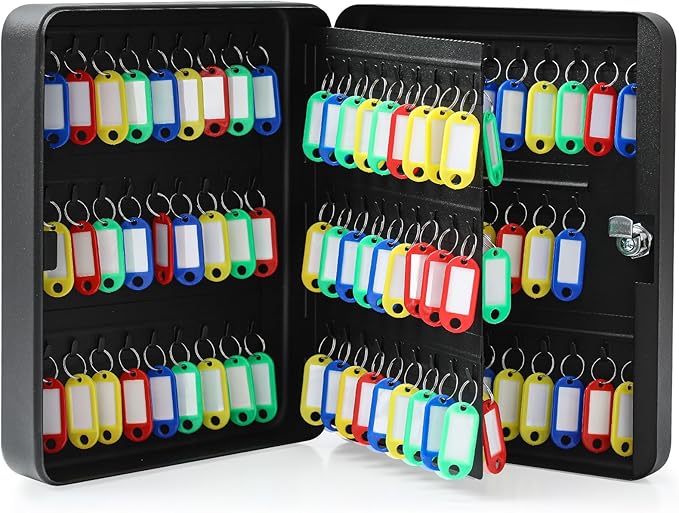Ripeng 108-Keys Key Lock Box Wall Mount Steel Cabinet Security Holder with Tags and Hooks Key Organizer Wall Safe Storage for Car Office Hotel House Rental Business, Black