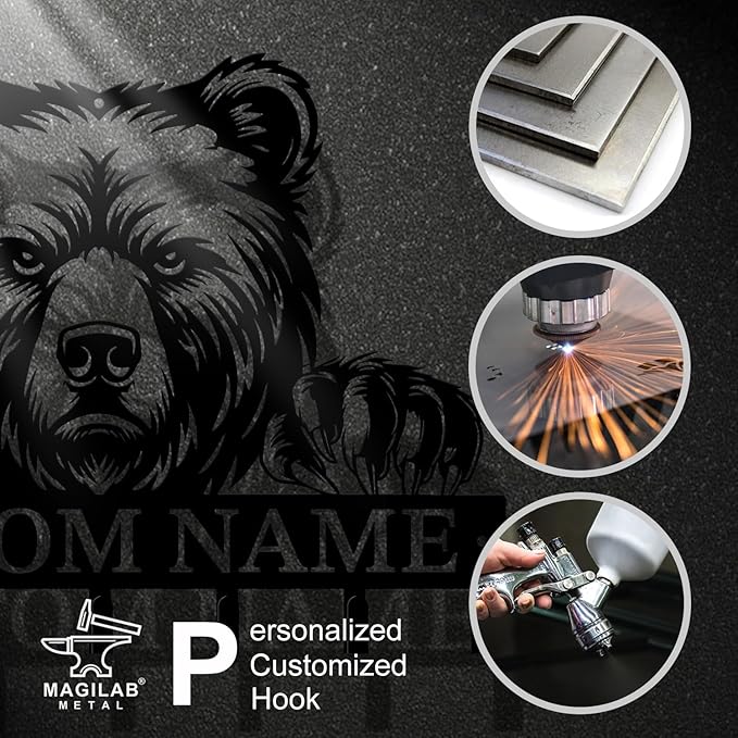 Personalized Custom Name Bear Key Wall Hooks,Metal Bear Keys Clothes Hooks,Metal Bear Wall Home Storage Decorative,For Front Door, Hallway, Kitchen, Bedroom,Keys,Hats (Style B)