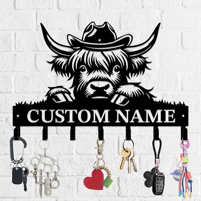 Personalized Highland Cow Metal Keys Hooks,Custom Name Metal Highland Cow Keys Hooks,Black Metal Highland Cow Wall Home Storage Decorative Keys Hooks,Key Holder Hooks for Wall (Style G)