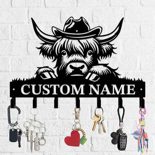 Personalized Highland Cow Metal Keys Hooks,Custom Name Metal Highland Cow Keys Hooks,Black Metal Highland Cow Wall Home Storage Decorative Keys Hooks,Key Holder Hooks for Wall (Style G)