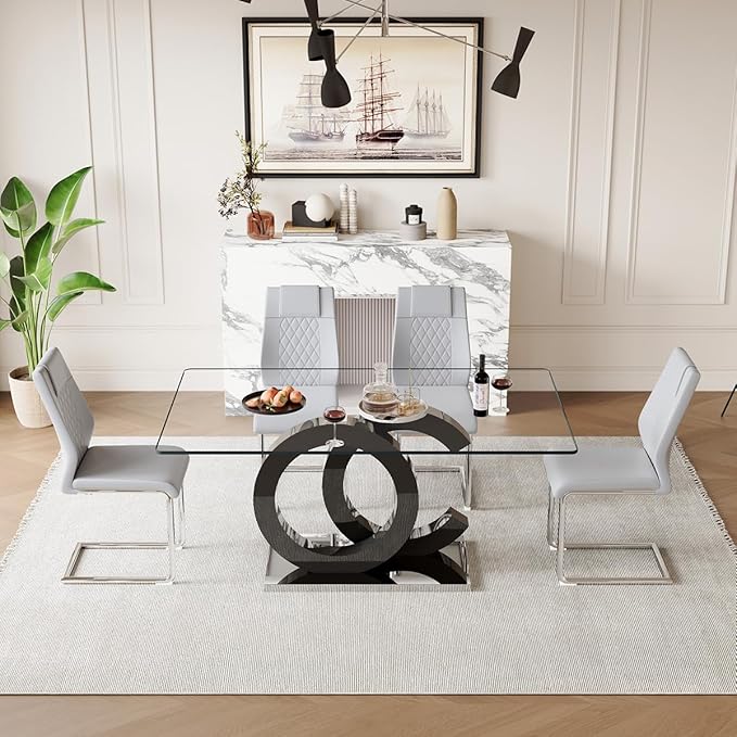 63'' Glass Dining Table Set for 4, Kitchen Table Chairs Set of 4, Clear Glass Dining Table with Black unique design Leg and Silver Metal Base, 4 PU Dining Chairs with Metal Legs, Living Room, Kitchen.