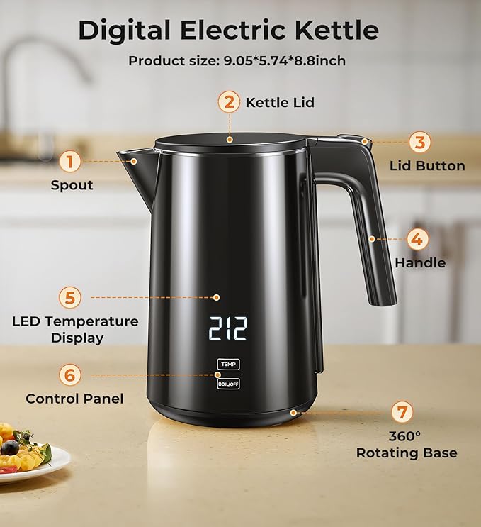 Electric Kettle, 1.0L 1200W Fast Heat with Auto Shut-Off, Boil-Dry Proof, 7 Temperature Control Teapot, Double Wall Stainless Steel Water Boiler Heater, 4H Keep Warm, Cool Touch Coffee Tea Pot, Black