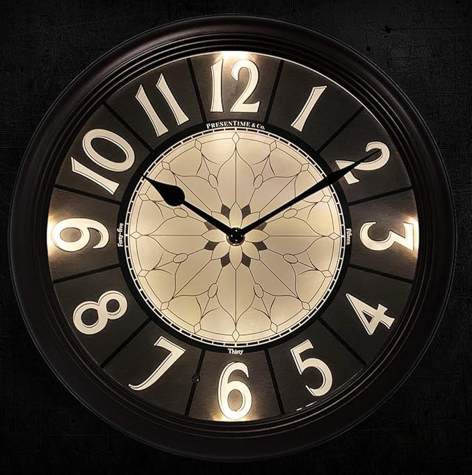 Presentime & Co. 12.6" Illuminated Farmhouse Wall Clock, Silent Battery Operated Night Light Wall Clock with Smart LED Sensor for Living Room, Bathroom, Kitchen, Home Office, Oil Rubbed Bronze Finish