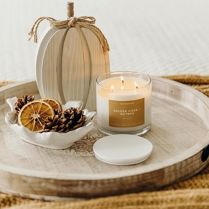 Calyan Wax Co. Golden Cider & Nutmeg 3 Wick Scented Candle - 43 Hour Burn - Luxury 3 Wick Soy Candles - Non Toxic Soy Wax Candles - Long Lasting Large Glass Jar Candle for Home - 14.9oz
