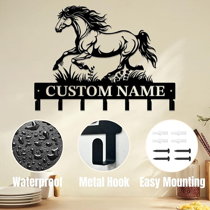 Personalized Custom Name Farm Horse Wall Key Hooks,Metal Horse Art Clothes Hooks,Metal Horse Wall Home Storage Decorative,For Front Door, Hallway, Kitchen, Bedroom,Keys,Hats (Style E)