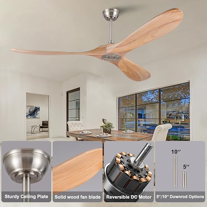 60 Inch Ceiling Fan no Light, Quiet Reversible DC Motor Wood Ceiling Fan Without Light, Modern Ceiling Fan with Remote Control for Outdoor Indoor Farmhouse Patios(Brushed Nickel+Natural Wood)