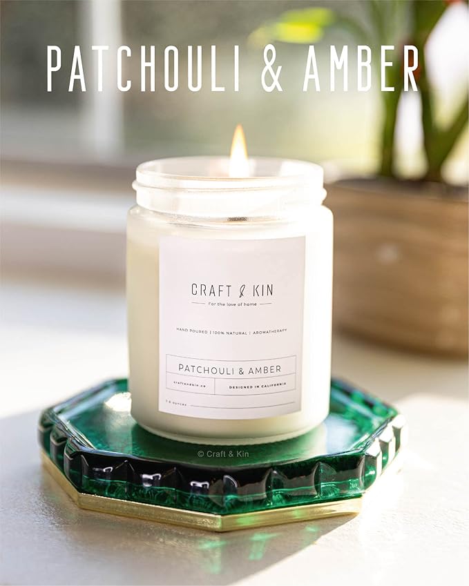 Craft & Kin Patchouli & Amber Christmas Scented Candle | 8 Oz, 45-Hour Long Lasting | Classic Soy with Woodwick Winter Candles | Made with Natural Soy | Holiday Candles Gifts for Men and Women