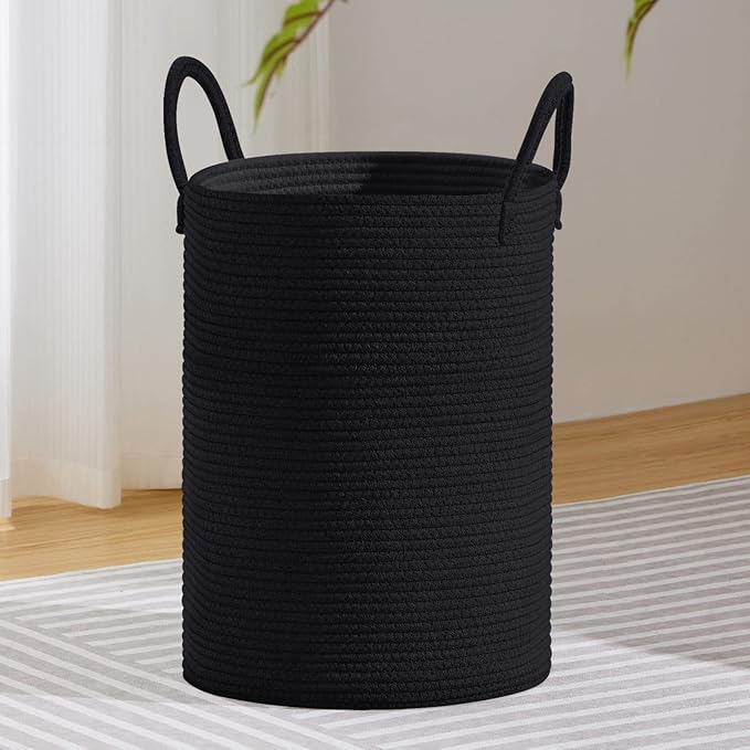 VIPOSCO Large Laundry Hamper, Tall Woven Rope Storage Basket for Blanket, Toys, Dirty Clothes in Living Room, Bathroom, Bedroom - 72L Black