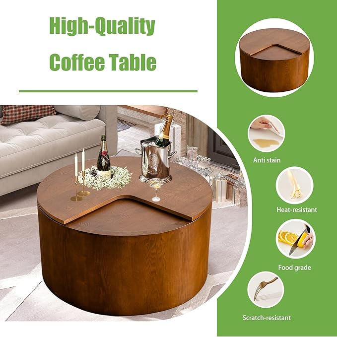 Mid - Century Modern Round Drum Coffee Table with 360° Rotating Desktop & Storage, 27.16" Walnut Small Center Table for Living Room & Home Small Spaces (Walnut 27.16)