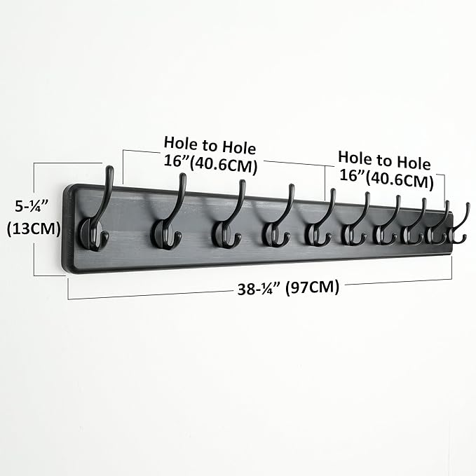 Dseap Coat Rack Wall: 38-1/4" Long, Patented, Heavy-Duty, 10-Double-Hooks Wooden Wall Mounted Coat Rack Coat Hanger Hook Rail for Winter Coats Hat Jacket Clothing, Black