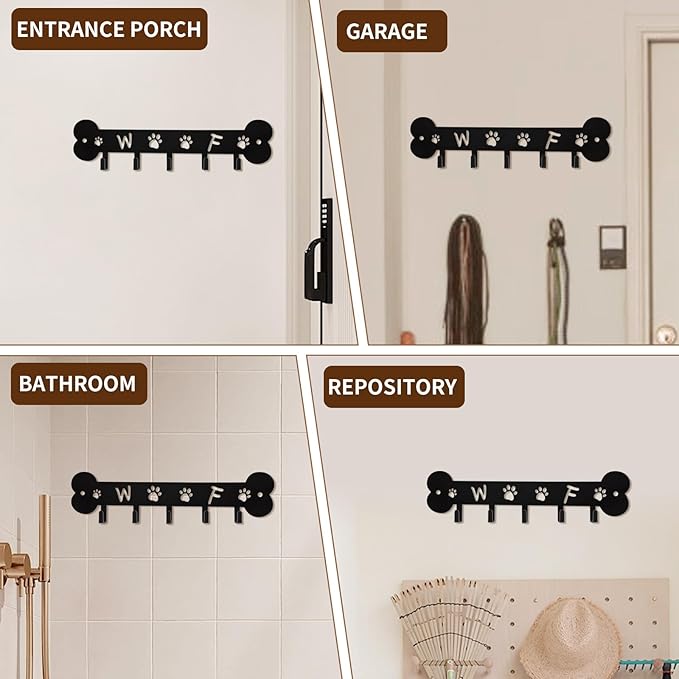 Dog Leash Holder for Wall Key Hooks Decorative, 5 Hooks 11×2.75 inch for Wall Decorative Animal Storage Rack Adhesive, Black Key Holder wall Mount for Entrance Living Room Kitchen-Dog Lovers Gifts