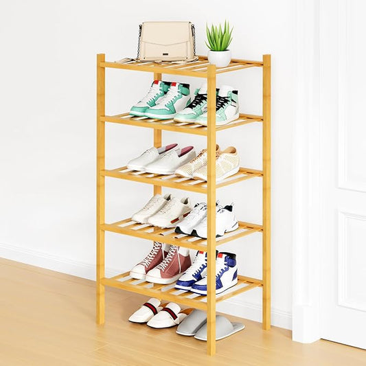 Smiry Shoe Rack, 5 Tier Small Bamboo Shoe Organizer, Stackable Free Standing Wooden Shoe Storage Shelf for Closet, Entryway, Front Door Entrance, Natural