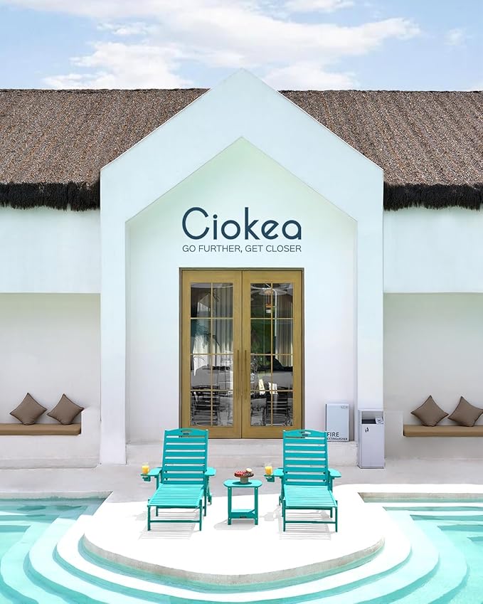 Outdoor Chaise Lounge Chair Set of 2, Patio Lounge Chairs for Outside, HDPE Lounge Chair with Wheels & Cup Holder, Poly Chair with 5 Position for Poolside, Deck, Lake Blue