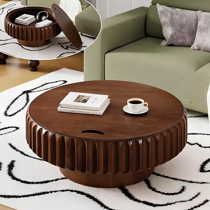 Round Coffee Table with Hidden Storage, Modern Circle Coffee Tables Handcraft Fluted Drum Coffee Table with Solid Wood Relief, Mid Century Center Table for Living Room Apartment (Walnut 31.5 Inch)
