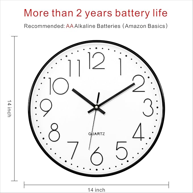 Foxtop 14 Inch Black Wall Clock, Large Silent Non-Ticking Battery Operated Round Quartz Modern Wall Clock Decorative for Office Living Room Bedroom Kitchen Home