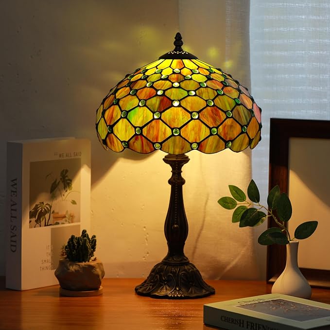 Tiffany Lamps Brownish Green Beads Style Stained Glass Table Lamp Desk Bedside Reading Light 12X12X18.5 Inches with Bronze Resin Base Applicable to Bedroom Living Room Office