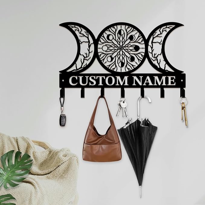 Life Tree Key Hook - Customized Metal Wall Organizer with Name Engraving, Black Iron Home Decor for Themed Collectors (Style E)