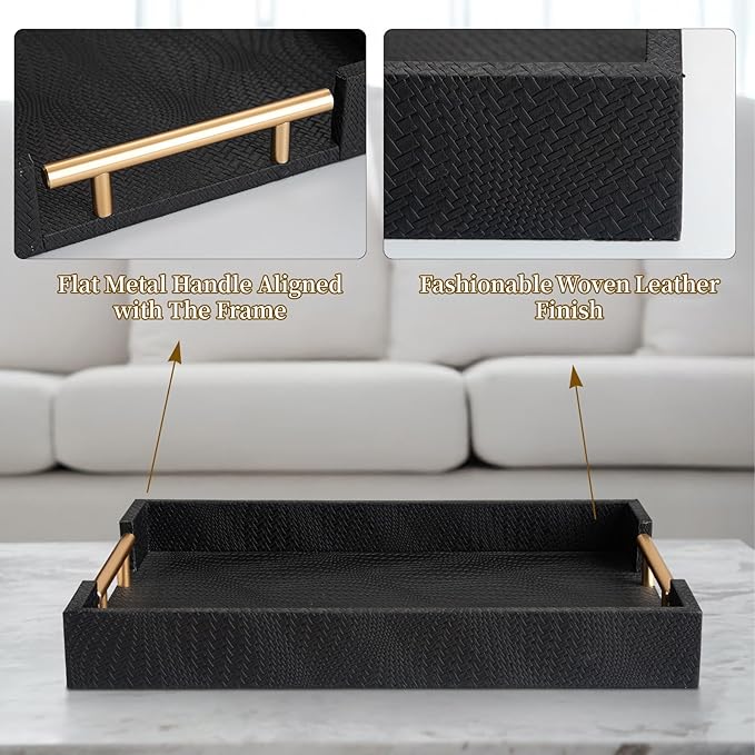 2 Piece Woven Leather Ottoman Tray with Gold Handles, Perfect Rectangular Serving Tray for Living Room, Coffee Table Tray as Thoughtful Gift for Home Decor Enthusiasts (Black)