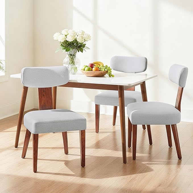 Dining Chairs Set of 3, Mid-Century Modern Upholstered Kitchen Chairs with Curved Backrest and Linen Fabric Seat, Wood Leg Accent Chairs for Dining Room, Living Room, Bedroom, Grey