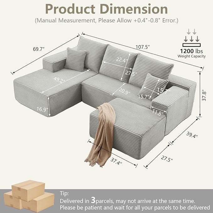 107" L-Shape Sofa with Ottoman, Modern Modular Sectional Comfy U-Shape Cloud Couch, Deep Seat, Upholstered Corduroy Sleeper Chaise Longue for Living Room Bedroom, No Assembly Required, Grey