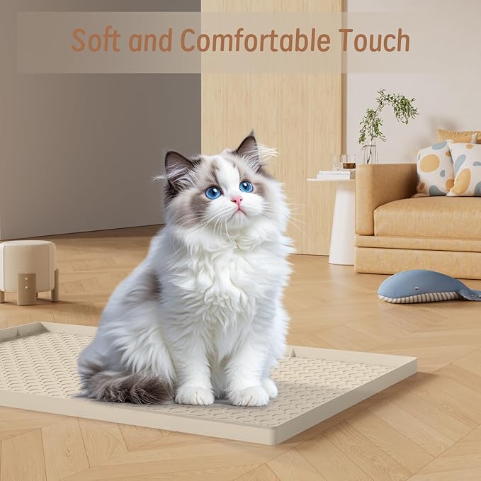 Large Cat Litter Mat 34"x22", Cat Litter Trapping Mat For Litter Box, Silicone Pet Feeding Mat With Raised Edges Waterproof, Beige