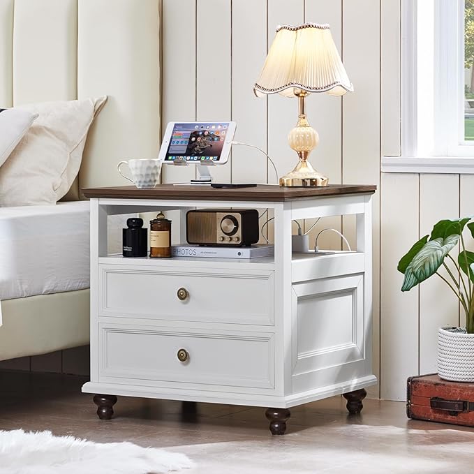 24" Wide Farmhouse Nightstand with Charging Station Set of 2,54" 7 Drawers Dresser, 37" Tall Rustic Chests of Drawers, Farmhouse Furniture Series for Bedroom,White