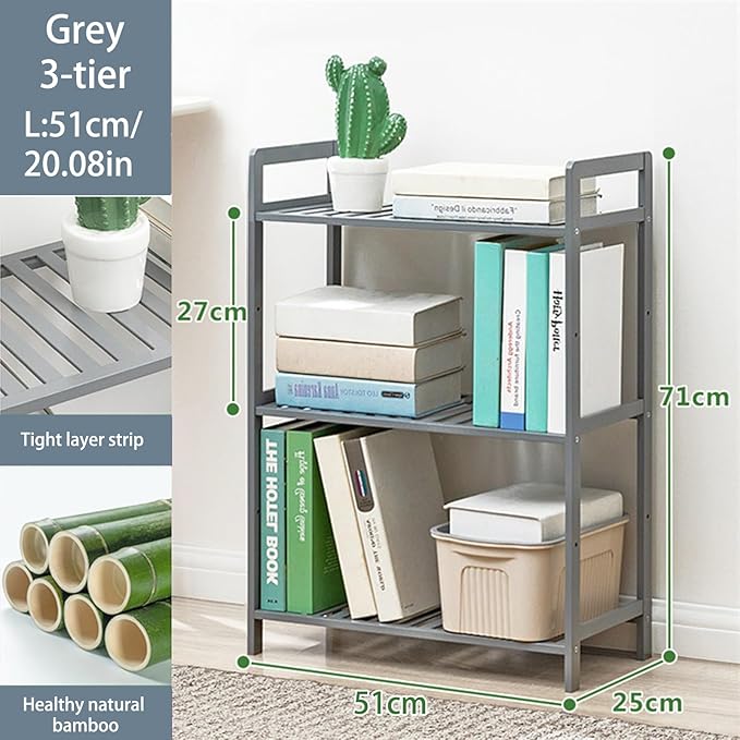 Bamboo Shelf, 4-Tier Bookcase Storage Shelves, Small Book Rack Shelving Unit, Multipurpose Storage Display Shelf for Bathroom Kitchen Living Room Office (3-Tier Grey-20.08in)