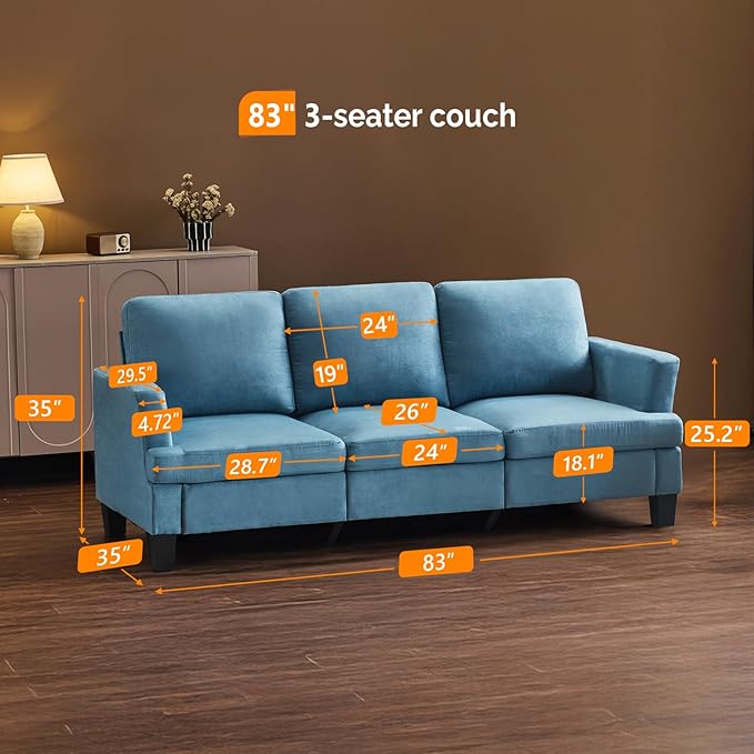 VINGLI Blue 83" Sofa Couches for Living Room, Modern Comfy 3 Seater Couch Faux Suede 25.6" Deep Seat Upholstery Cozy Sofas for Small Space, Bedroom, Apartment, Home Office