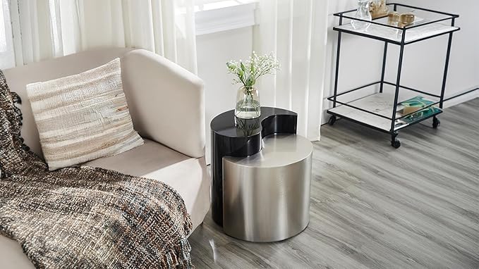 Modern Contemporary Luxury Ying-Yang 20" Height End Table Set, Sculptural Design with Aluminum Frame for Living Room, Entryway, Home & Office, Black & Silver Dual Tone End Table