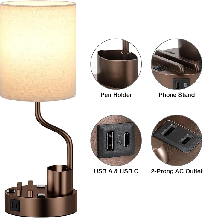Bedside Table Lamps for Bedroom Set of 2 - Beige Nightstand Lamp with AC Outlet Charging Port and USB A C, 3 Color Temperatures, Included Phone & Pen Holder, Brown Night Stand Lamps for Guest Room