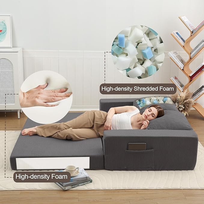 COMAX Convertible Sofa Bed Queen, Folding Fold Out Couch Bed, Floor Futon Couch Corduroy with Back Pillows, Boneless Sofa Comfy Lounge Sleeper Mattress Loveseat for Living Room Bedroom, Grey