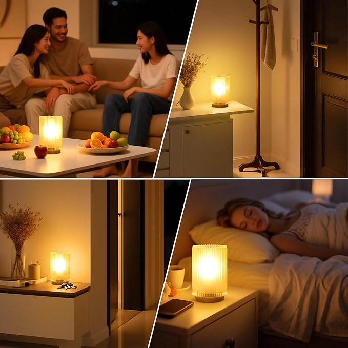 Battery Operated Lamp, Cordless Table Lamp with Timer, Desk Bedside Lamps with LED Warm Light, Glass Small Table Lamp for Bedroom, Bathroom, Living Room, Home Decor - Matte Amber