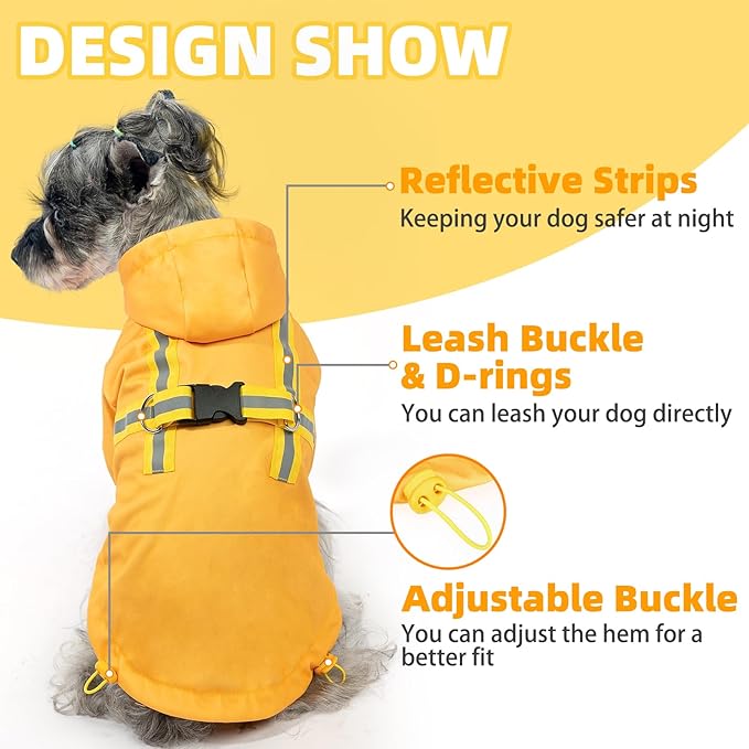 PUPTECK Dog Raincoat with Hood & Harness Built-in, Waterproof Dog Rain Jacket Slicker Poncho Reflective Vest Clothes for Rainy Snowy Winter Cold Days, Yellow L