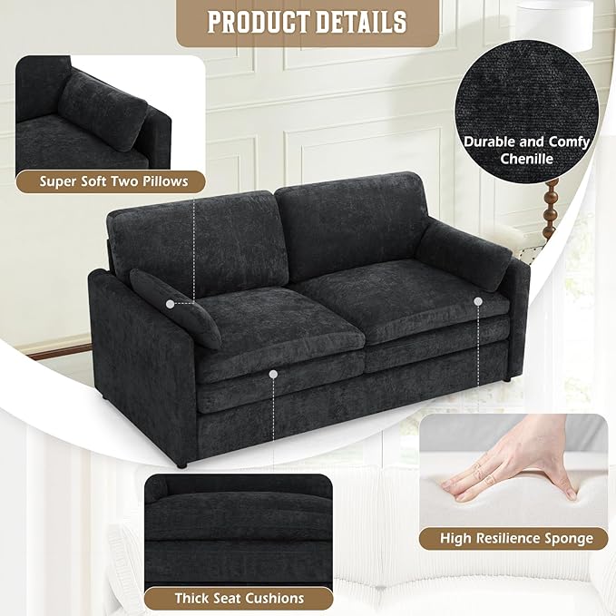 69" Chenille 2 Seats Sofa with 2 Pillows, Modern Upholstered Sofa with Deeper Seats, Comfy Sofa with Thickened Cushions for Living Room, Apartment, Black