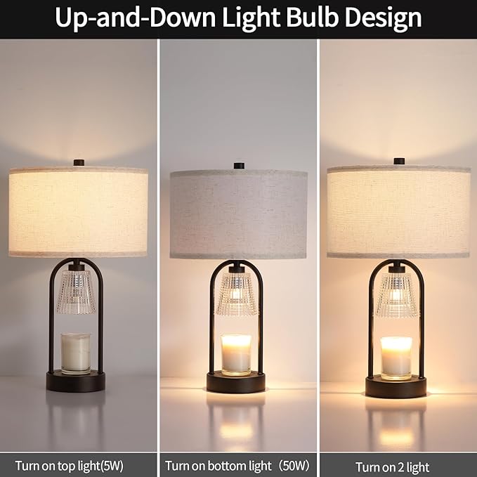 Plug in Black Candle Warmer Lamp with Timer Dimmable, Wax Melts Candle Warmer with Beige Fabric Shade Lamp, Christmas Birthday Gifts for Mom Women Sister, House Warming Gifts Include 3 Bulb