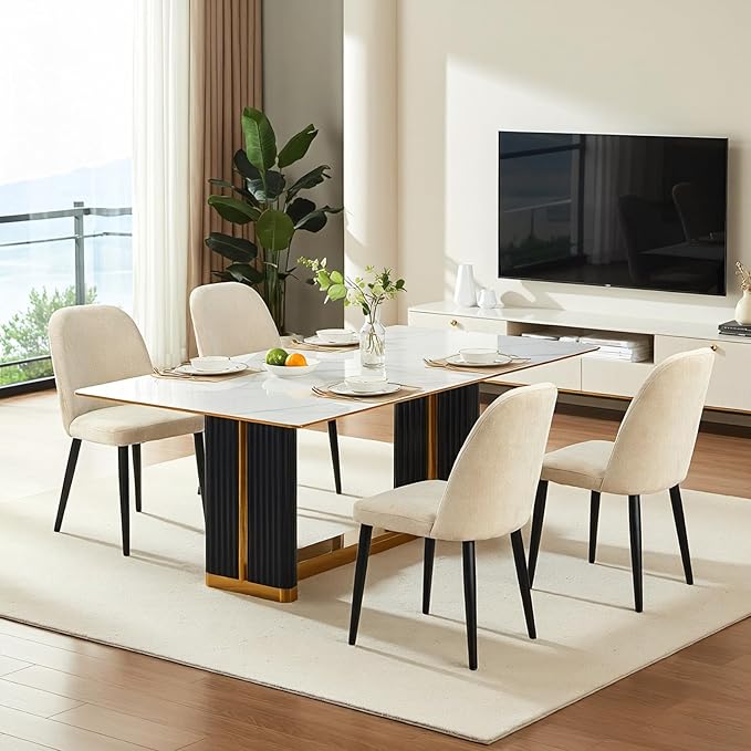 Upholstered Dining Chairs Set of 4, Mid Century Modern Fabric Dining Room Chair High-Back Padded Kitchen Chairs with Padded Seat and Metal Legs for Kitchen Dining Room Restaurant Cafe, Beige