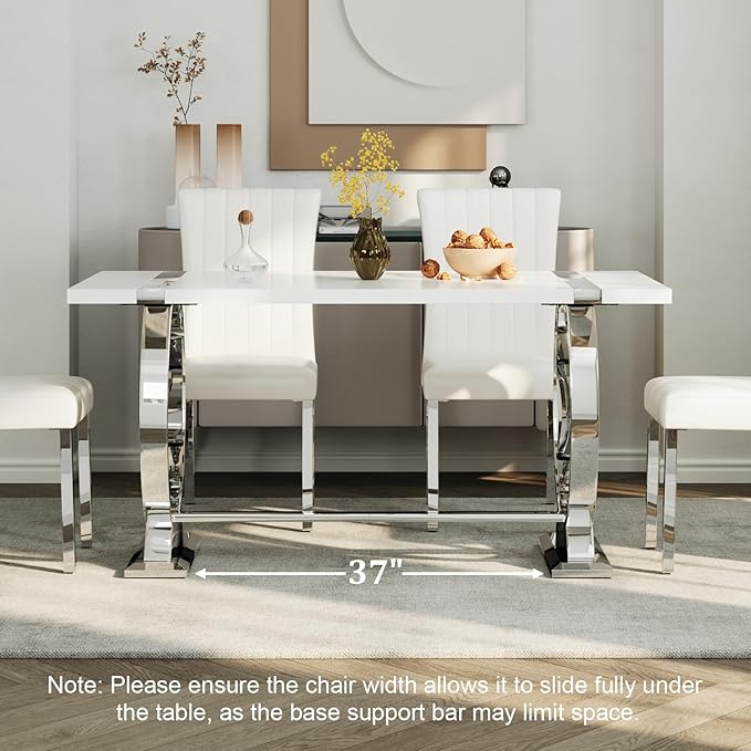 ACEDÉCOR 60in White and Silver Dining Table for 4-6, Modern Luxury Kitchen Room Table with Rectangular Lacquer Top and Silver Stainless Steel Circle Base