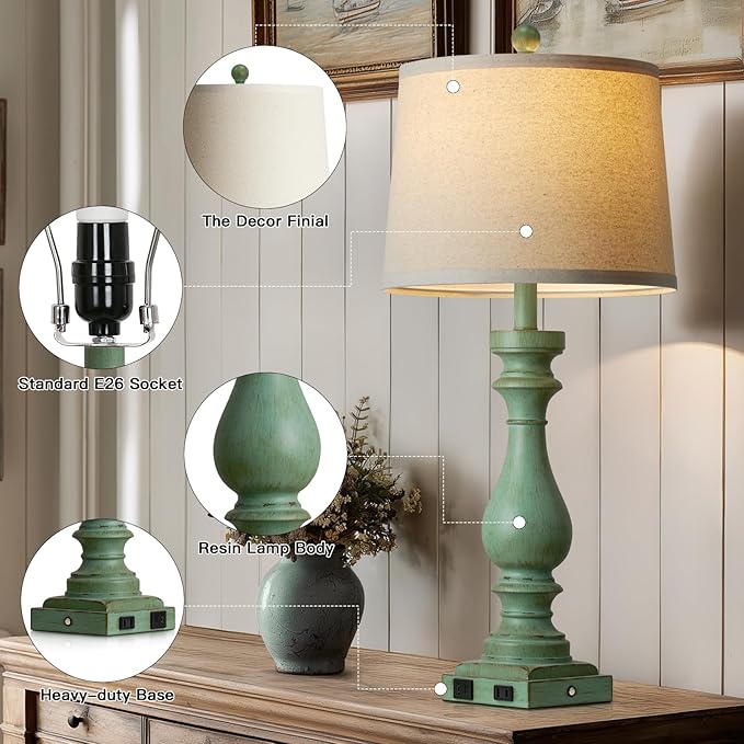 29" Tall Vintage Table Lamps Set of 2,Retro Green Bedside Lamps with USB C+A Ports & AC Outlet,3-Way Dimmable Touch Lamp for Night Stands Living Room Bedroom,Green