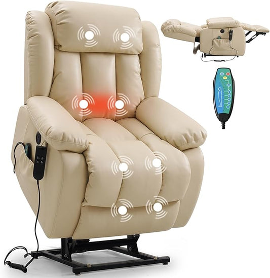 PARKOL Dual Motor Power Lift Recliner Chair for Elderly, 180-Degree Infinite Position Lay Flat Leather Recliner Chairs, with Massage and Heating, USB & Type-C Port and Remote (Beige, Medium)
