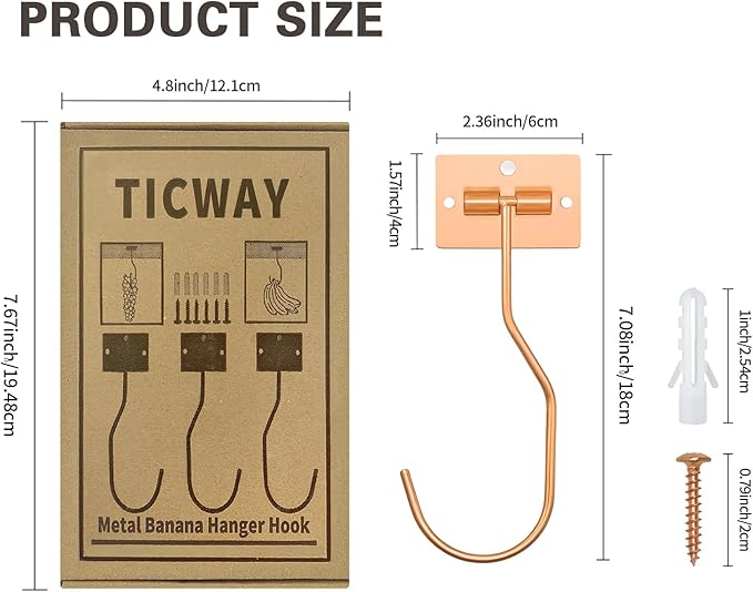 Banana Hanger Hook – Space Saving Banana Holder Hanger to Keep Bananas Fresh, Self Adhesive and Screw Banana Hook 4Pack Rose Gold