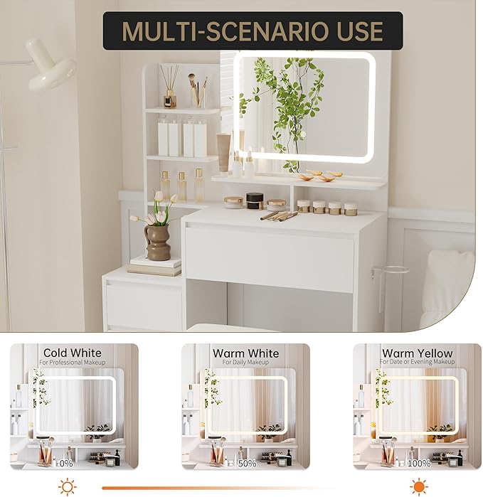 GAOMON Makeup Vanity Desk with Mirror and Lights - 36" Vanity Table Set with 4 Drawers, Power Outlet, USB Ports, Stool, Dressing Table with 3 Lighting Color Adjustable for Bedroom, Women, White