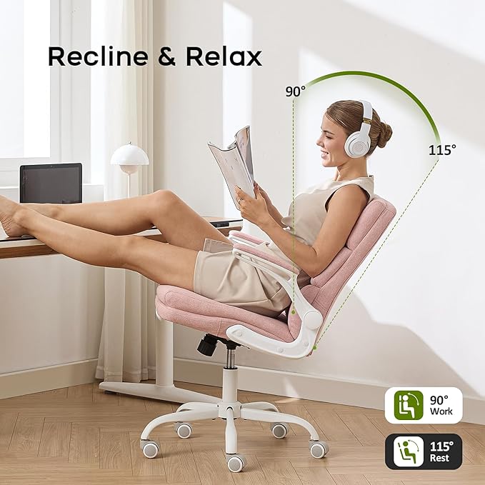 Office Chair Adjustable Desk Chair Mid Back Executive Comfortable Fabric Ergonomic Back Support Home Computer Chair with Padded Flip-up Armrest Swivel Wheels (Pink)