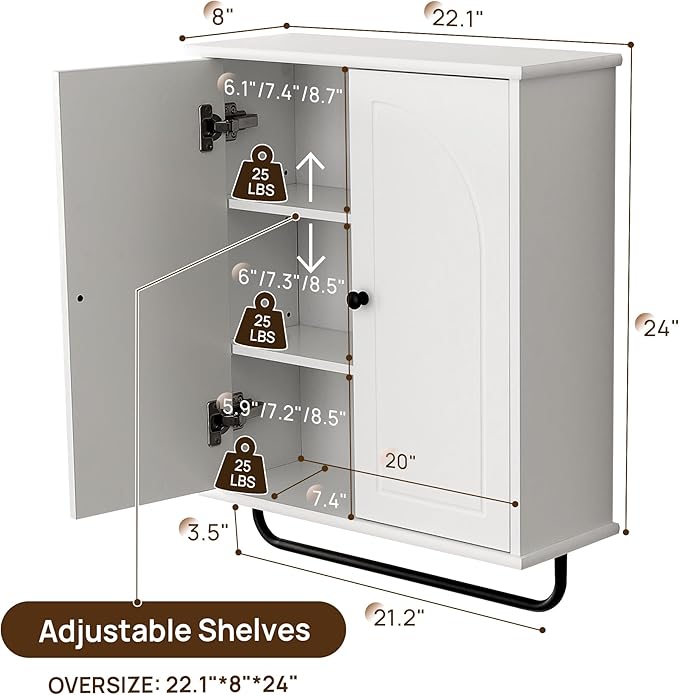 Bathroom Storage Cabinet with Adjustable Wood Shelves, Unique Arched Groove Design On The Door, Wall Mounted with Towels Bar, Over The Toilet Storage Cabinet with DTC Silent Buffering Hinge