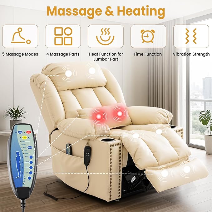 PARKOL Large Infinite Position Leather Power Lay Flat Lift Studded Recliner Chairs for Elderly, Dual Motor with Massage and Heating,Extended Footrest, USB&Type-C Port Remote,Cup Holder (Beige, Large)