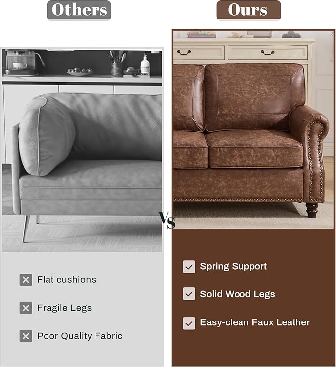 WILLOVE 79'' Faux Leather Sofas for Living Room, Mid Century Modern Couches with Rolled Arm & Nailhead Trim for Small Space, Apartment, Dark Brown