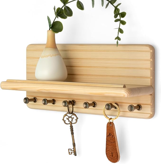 Rebee Vision Decorative Key Holder Wall Mount – Farmhouse 11-Inch Pine Wooden Key Holder for Wall with 6 Hooks & Floating Shelf - Chic and Functional Home Decor Solution (Natural Wood)